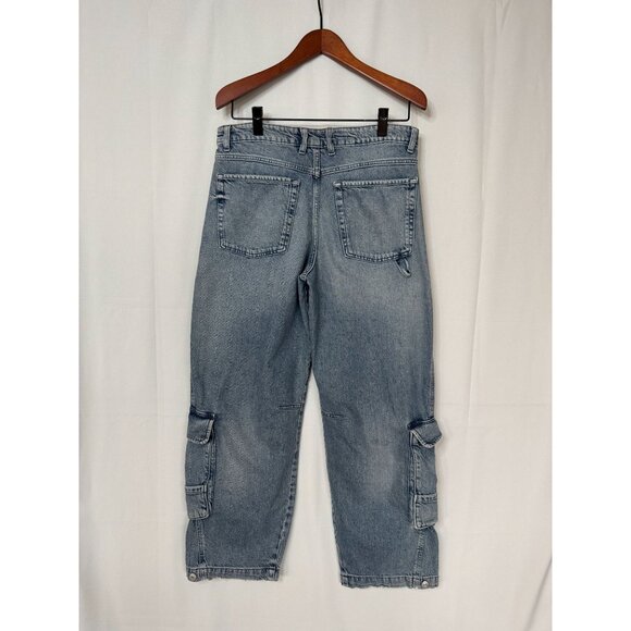 Zara Med Blue 100% Cotton Denim Cargo Wide Leg Button Jogger Cuff Jeans Size 10 - Picture 11 of 17